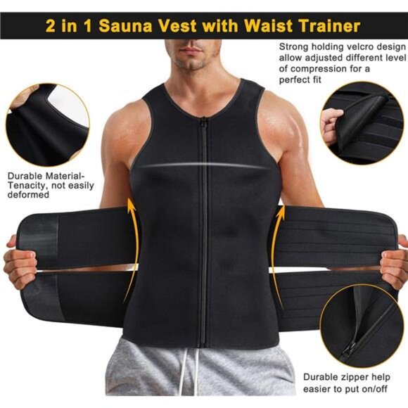 Sauna Vest for Men with Waist Trainer Zipper Neoprene Sauna Sweat Suit Tank Top - Picture 3 of 8